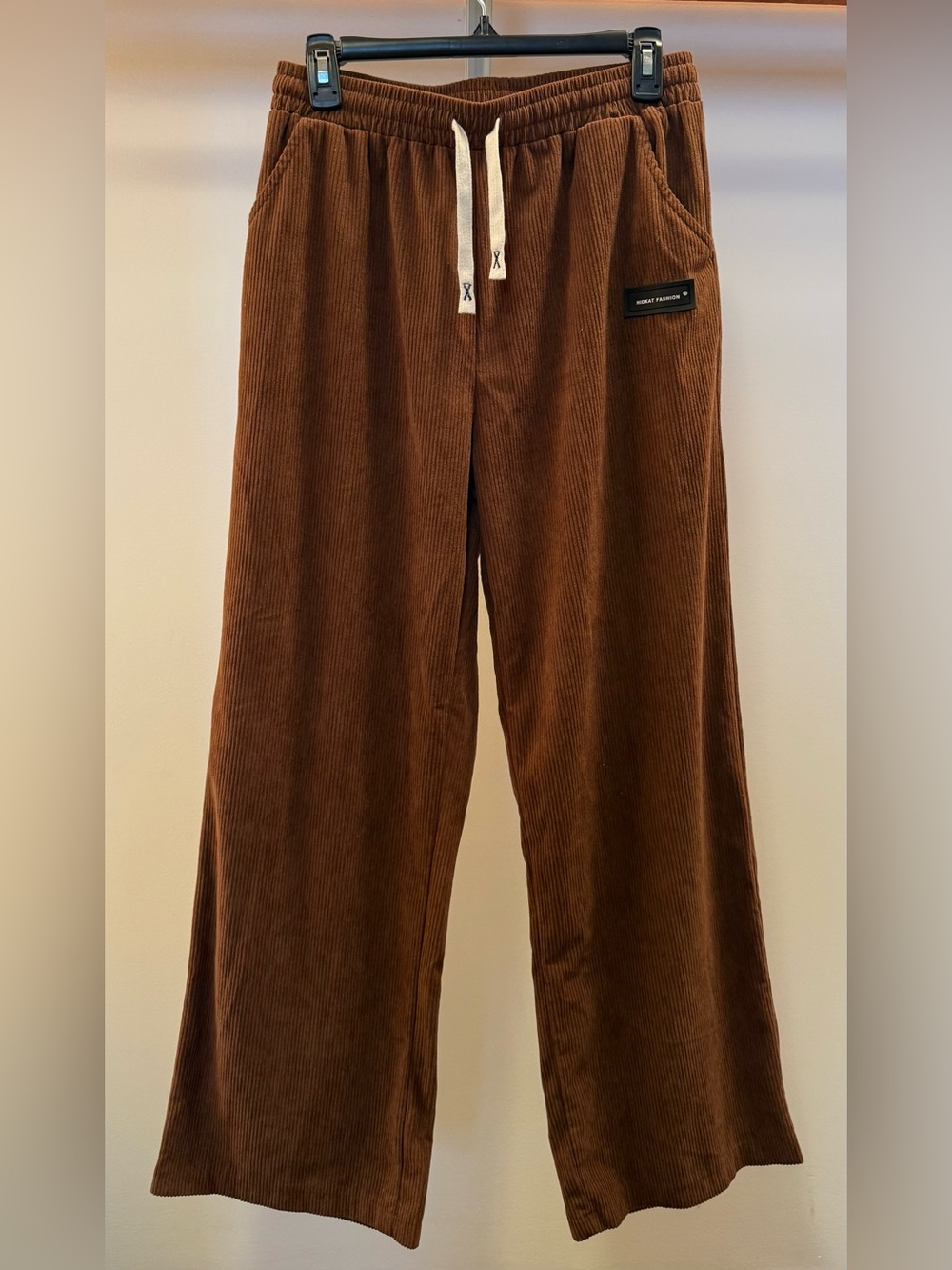 Wide-Leg Corduroy Drawstring Pants in Brown